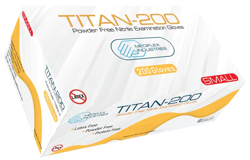 Box of Titan-200 gloves with Medflex Industries branding on a white background